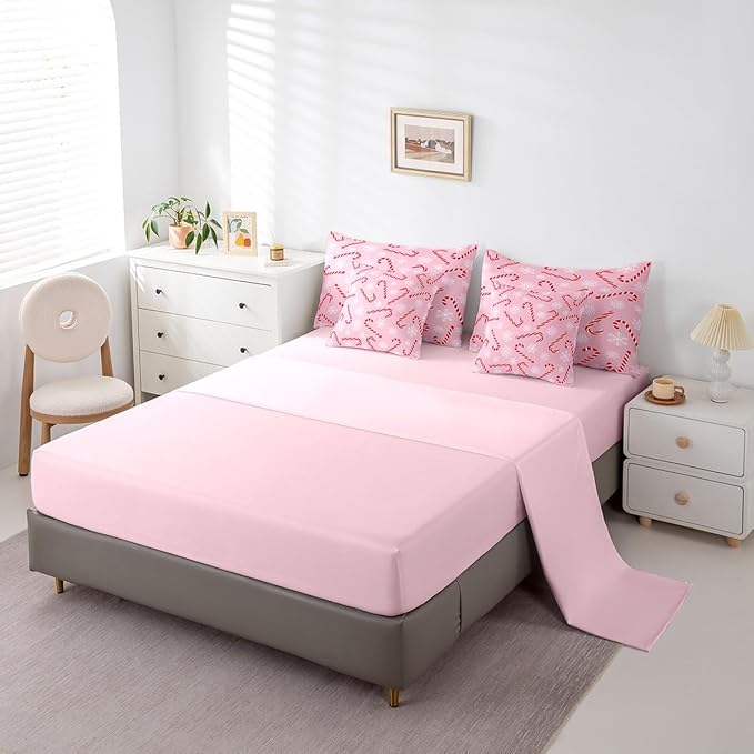 Erosebridal Xmas Candy Cane Queen Bedding Set 7 Piece,Merry Christmas Bed in A Bag for Kids Boys Girls,White Snowflake Comforter Set Pink Christmas Ornaments Sheet Set with Comforter