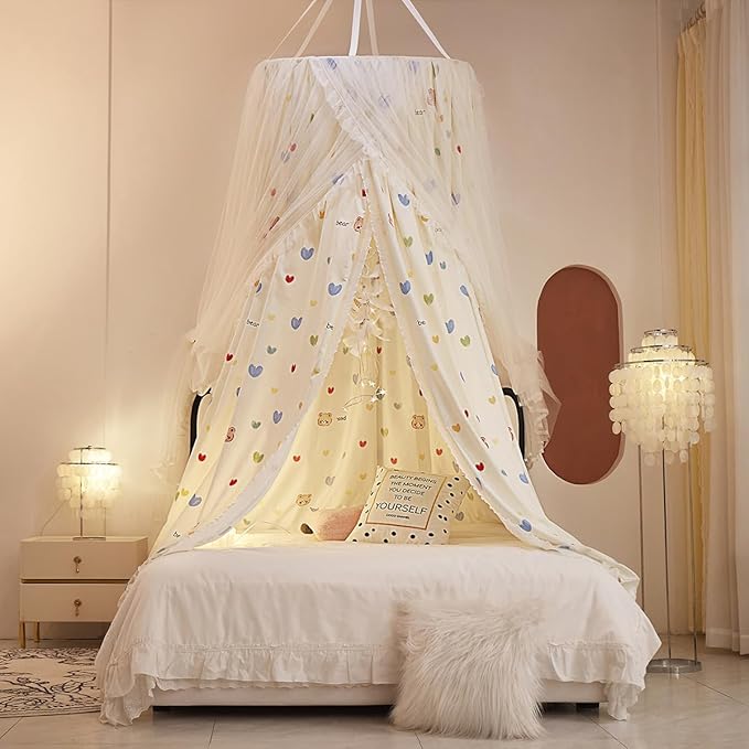 Bed Canopy for Girls, Double Layer Dome Mosquito Net Princess Canopy for Girls Bed Room Decor Reading Nook (Lovely Bear)