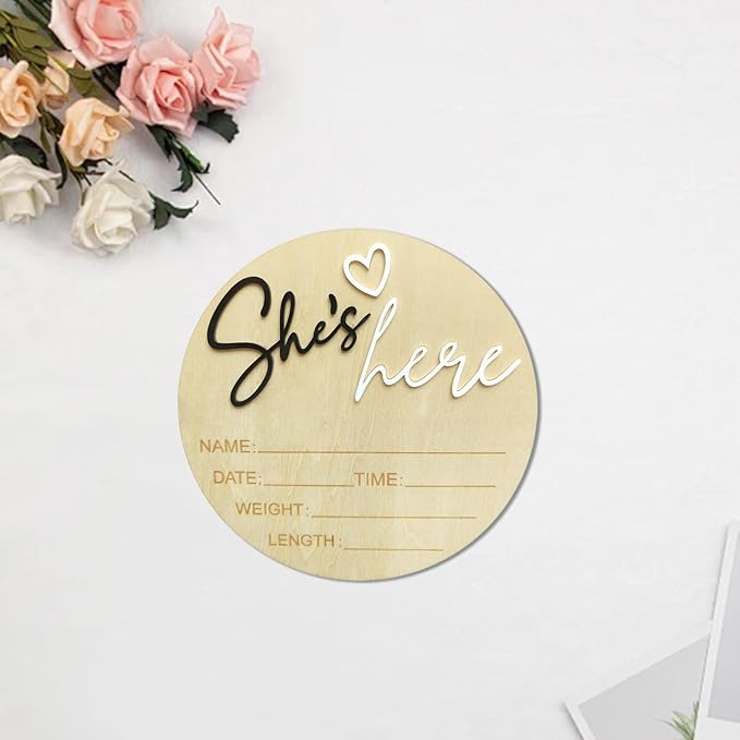 Baby Announcement Sign, 5.9 Inch Wooden Hello World Newborn Signs, Birth Announcement Sign, Gender Reveal Signs, She's here Decoration, Welcome Newborn Arrival To World, Hospital Nursery for Baby (Black She's)