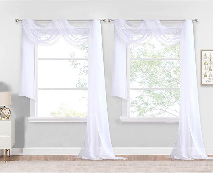 NICETOWN Sheer Valances for Windows 216 inch Length, White Window Scarf Drapes Versatile Wedding Arch Draping Canopy Curtains for Bed/Big Events, 30 inch Width, Sold by 2 PCs