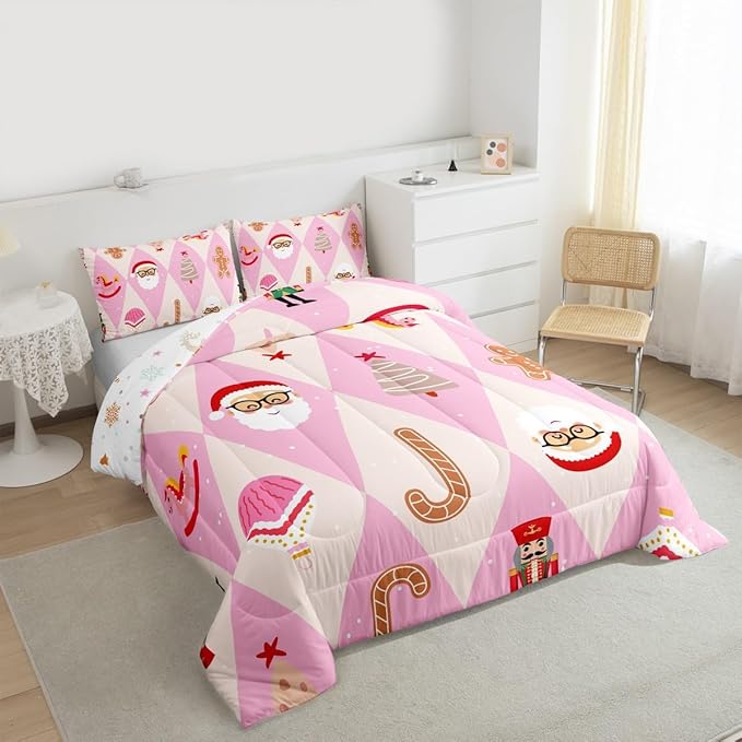 Feelyou Pink Christmas Kids Comforter Set Toddler Size Santa Claus Bedding Set Xmas Tree Nutcracker Soldier Duvet Quilt for Kids Boys Girls Bedroom Gingerbread Man Decor Microfiber Ultra Soft