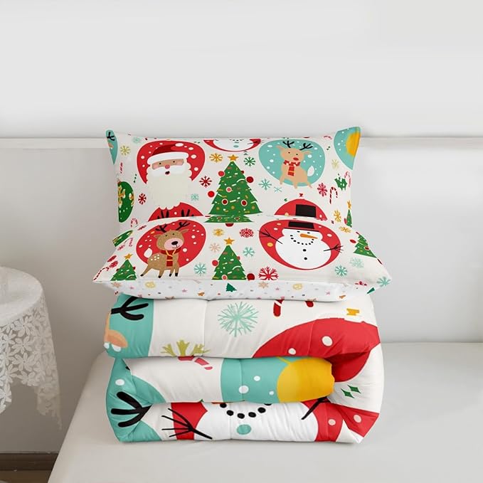 Feelyou Christmas Bedding Set Soft for Boys Girls, Santa Snowman Comforter Set Toddler Size Deer Xmas Tree Duvet Quilt Microfiber Snowflake Bedroom Decor 2 Pcs with 1 Pillow Cases
