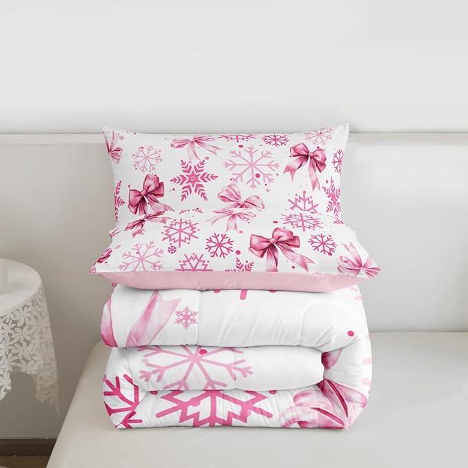 Cute Bow Tie Kids Comforter Set Twin Size,Girly Bowknot Snowflake Dots Bedding Set Room Decor,Merry Christmas Winter Princess Quilt Comforter,Pink White Duvet Set Bedroom Quilt Set,1 Pillowcase