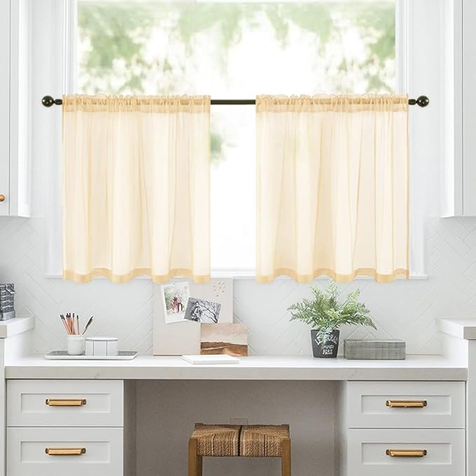 MIULEE Short Sheer Curtains 30 Inch Length for Kitchen Bathroom Cafe Half Window Treatment, Rod Pocket Tier Curtains 2 Panels, 29x30 Inches Long, Cream Beige