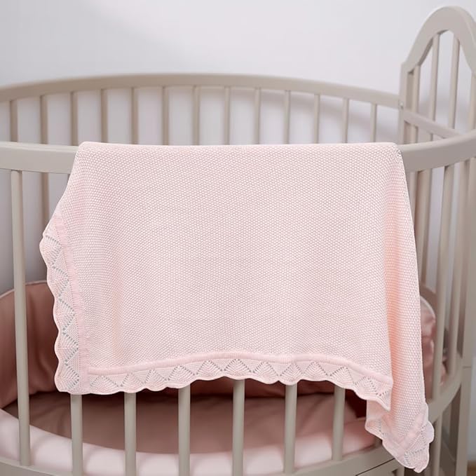 Baby Knit Blanket Soft Breathable Cotton Scallop Border Blankets Newborn Knitted Blanket Swaddle Blankets Gifts for Baby Newborn Toddler Shower Boy Girl New Mom Birthday Christmas Pink 28x36
