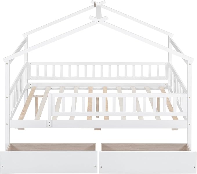 Full House Bed with 2 Storage Drawers, Kids Full Bed Frame with Rails and Roof, Tent Bed, Wooden Full Daybed, Full Montessori Bed for Kids Teens Girls & Boys, No Box Spring Needed (White)