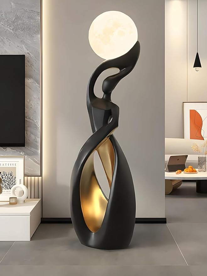Bofea-Unique Floor Lamp with Moon Lamp,Creative Black Gold Standing Lamps,Art Deco Floor Light with Rechargeable Globe Lights,Modern Resin Accent Dancing Girls Statue for Living Room Bedroom Home