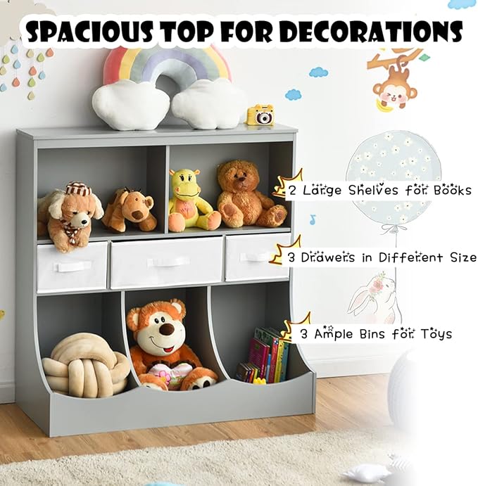 HONEY JOY Kids Toy Storage Organizer with Bookcase, 8-Cubby Organization Storage Cabinet w/Display Shelf & 3 Removable Fabric Bins, Wooden Toy Storage Unit for Playroom, Nursery Daycare(Gray)