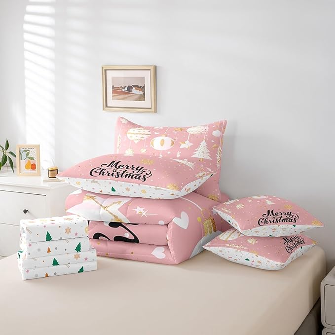 Feelyou Christmas Tree Bed Set for Children Kids Boys Girls Pink Xmas Theme Bed in a Bag Glitter Snowflake Star Comforter Set with Sheets Room Decor Bedding Set King Size