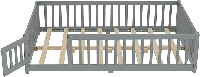 Bellemave Full Size Floor Bed Frame with Fence and Door for Kids, Montessori Floor Bed with Slats and Safety Guardrails,Solid Wood Full Bed Frame for Girls Boys,Grey