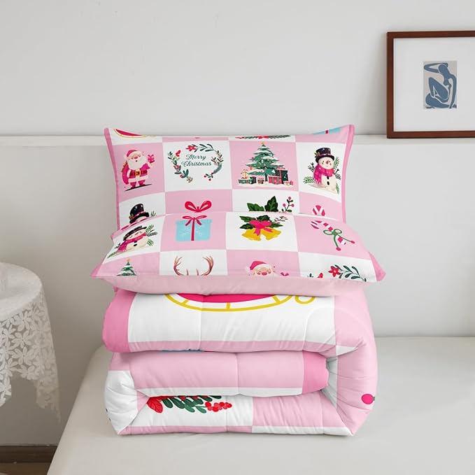 Erosebridal Merry Christmas Comforter Set for Kids Christmas Tree Quilt Twin Size with 1 Pillow Case Santa Claus Xmas Decor Bedding Set Kawaii Snowman Bedding Comforter Sets,Pink