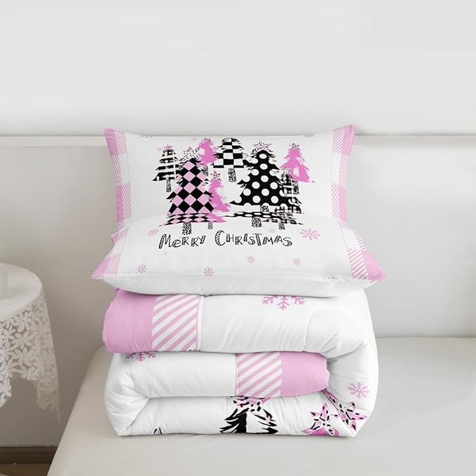 Manfei Xmas Trees Comforter Set Twin Size, Pink Plaid Grid Snowflake Down Comforter with 1 Pillowcase, Christmas Theme Bedding Set 2pcs for Kids Girls Adults Room Decor New Year Duvet Insert