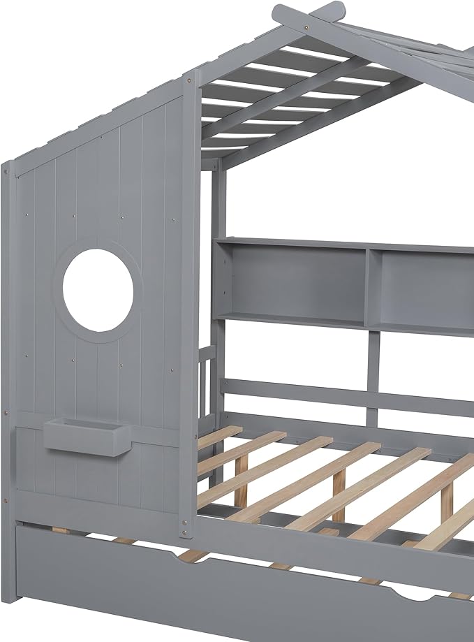 Full Size House Bed with Roof and Window for Kids, Wooden Playhouse Bed with Storage Shelves and Trundle for Bedroom Furniture Girls & Boys (Grey/T2)