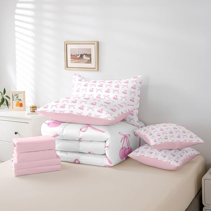 7 Pieces Cherry Bowknot Kid Comforter Set Full,Pink Bow Tie Butterfly Knot Princess Bedding Set,Cartoon Bow Patchwork Dreamy Sweet（Comforter+Fitted+Flat Sheet+2 Pillowcases+2 Throw Pillow Covers）