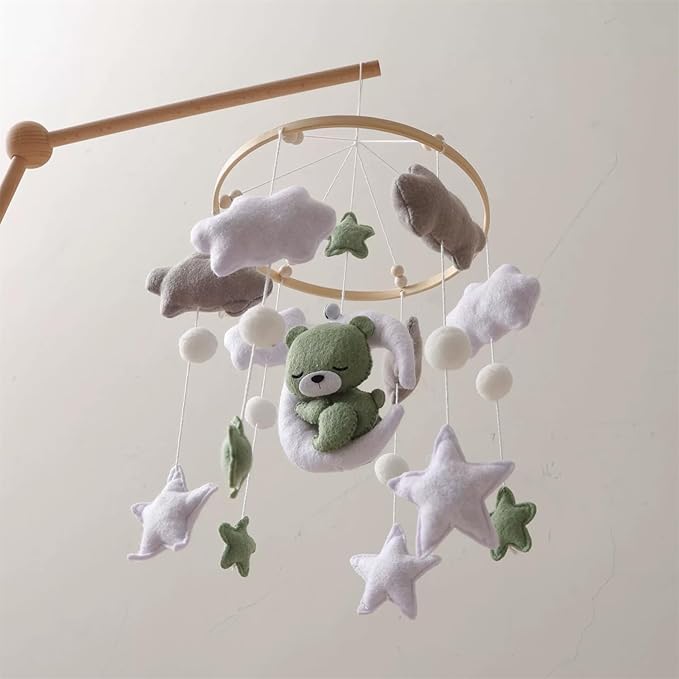 Baby Crib Mobile - Sleeping Bear Mobile for Crib, Felt Cloud Stars Nursery for Boys and Girls, Baby Nursery Hanging Decor (A)