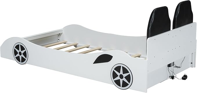 Twin Size Race Car-Shaped Platform Bed with LED and Upholstered Backrest, Solid Wood Upholstered Car Bed Frame with 2 Seats for Kids Boys Girls Bedroom (White-31U)