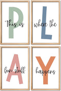 YWJKWLGS This Is Where The Fun Stuff Happens Kids Playroom Wall Decor 16"x24" Set of 4 Nursery Interesting Modren Wood Framed Let's Play Prints Sign for Boy Toddler Children Wall Hanging Art (Wood)