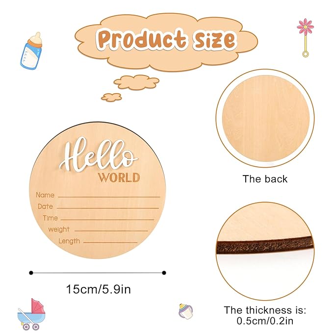 Wooden Hello World Newborn Sign - 5.9 Inch Birth Announcement Plaque for Photo Props, Baby Shower, Hospital Nursery