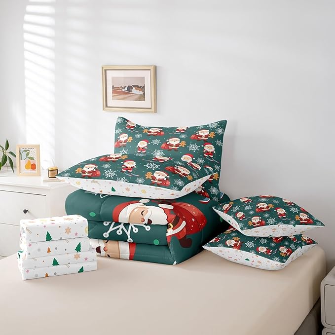 Erosebridal 7Pcs Cartoon Santa Claus Comforter Set Queen Size,Xmas Gingerbread Bedding Set,Christmas Snowboard Snowflake Bed in A Bag,Cute Christmas Ornaments Quilt with Flat Fitted Sheet