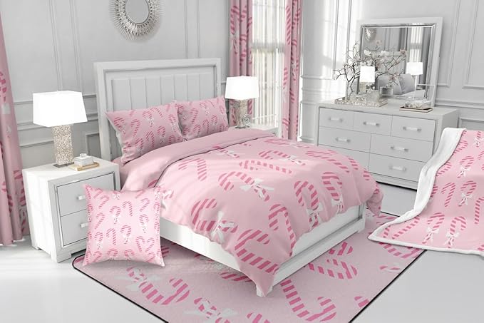 Feelyou Merry Christmas Comforter Set Queen Size Pink Candy Cane Bedding Set for Kids Boys Girls Bow Duvet Quilt Bedroom Decor Microfiber 3 Pcs with 2 Pillow Cases
