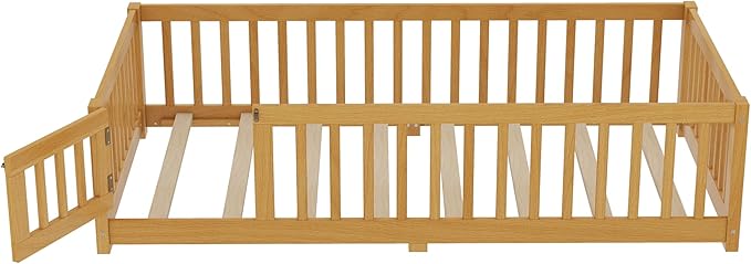 Harper & Bright Designs Twin Floor Bed Frame with Safety High Fence, Wood Montessori Bed with Door, Twin Size Floor Beds with Solid Wood Support Slats for Boys, Girls, Kids, Natural