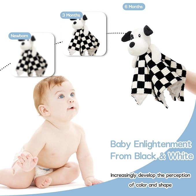 Baby Security Blanket for Boys Girls, High Contrast Super Soft 3D Checkerboard Gingham with Minky Dot Fabric Backing Snuggle Stuffed Animal Blankie Puppy Lovely Black 14 Inch