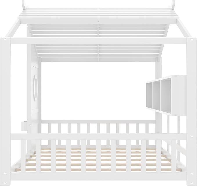 Merax Wood Cute House Bed with Storage Shelves, Full Size Floor Platform Bed Frame with Headboard & Roof Design, No Box Spring Needed, White