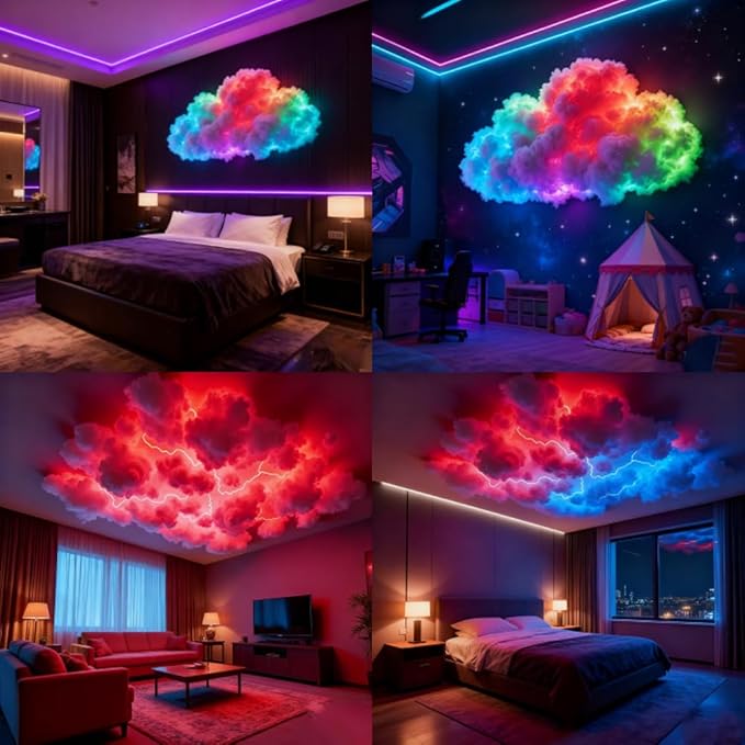 LED Cloud Light with Music Rhythm, 2025 New Cloud Lights for Ceiling,Bedroom,Gaming Room, Music-Sync Dynamic Lighting Effect, Cool Stuff for Boys, For Ceiling Bedroom Office Party (157.48in LED light)