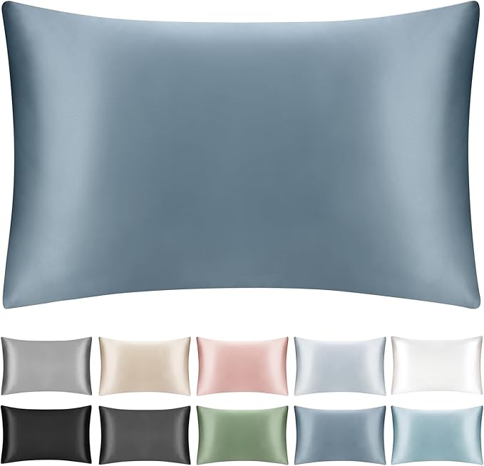 100% Mulberry Silk Zippered Bed Pillowcase for Hair and Skin,Zip Up Real Silk Large Pillow Case,19 Momme Grade 6A,1pc,Ash Blue,Super King Size 20x36 Inches
