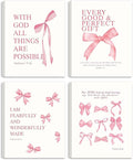Coquette Pink Bow Y2K Bible Verse Wall Art Set of 4, Christian Scripture Inspirational Canvas Prints, Cute Girly Preppy Aesthetic Religious Wall Decor for Bedroom Nursery Living Room Home 8x10In Framed