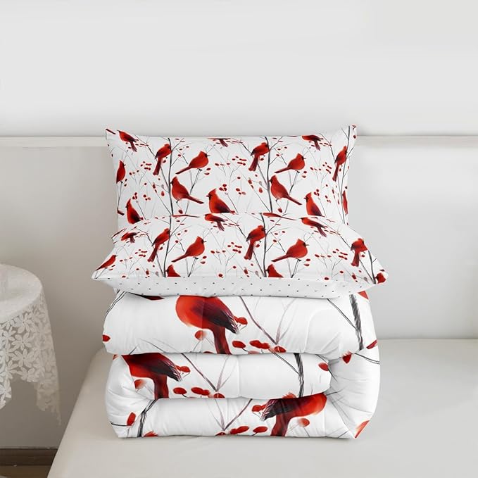 Feelyou Berries and Cardinals Pattern Comforter Set All Season Red Cardinal Bedding Set with 1 Pillow Cases Christmas Kids Toddler Bedclothes Bird Print Decor Animal Decor Duvet Quilt Soft