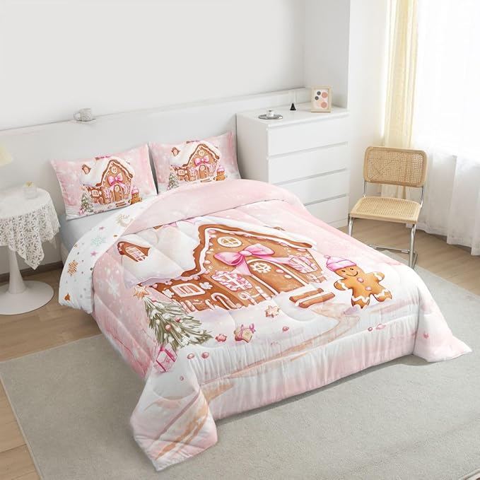 Feelyou Gingerbread House Kids Comforter Set Toddler Size Gingerbread Man Bedding Set Christmas Tree Duvet Quilt for Kids Boys Girls Bedroom Pink Bow Decor Snowflake Microfiber Ultra Soft Breathable