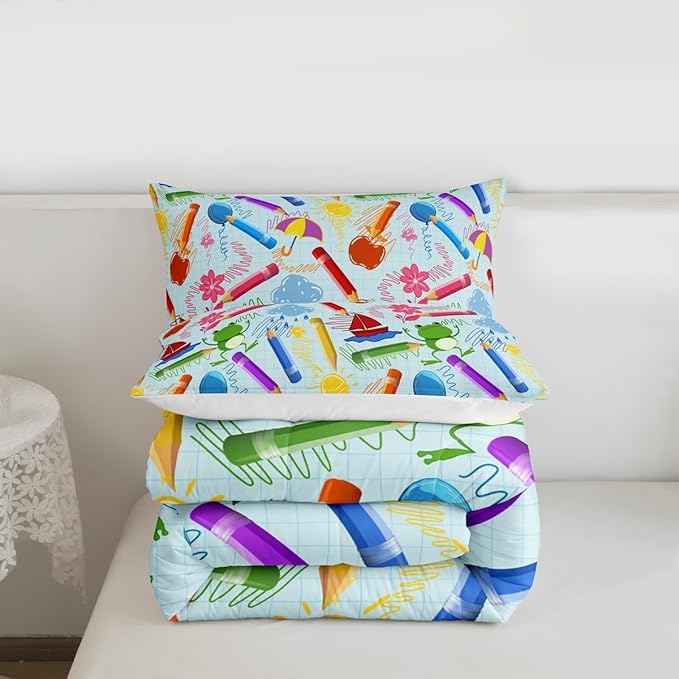 Feelyou Kids Cartoon Pencil Comforter Set King Size, Colorful Nursery Bedding Set Cute Crayon Comforter for Kids Boys Girls Funny Art Printed Duvet Set Durable Bed Set 3Pcs