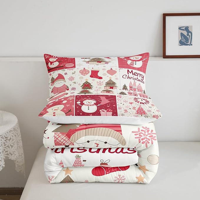 Christmas Tree Comforter Set King Size,Merry Christmas Duvet Insert for Kids Boys Girls Room Decor,Snowman Christmas Tree Snowflake Bedding Set 3Pcs,Cartoon Plaid Patchwork Quilt Set,2 Pillowcases
