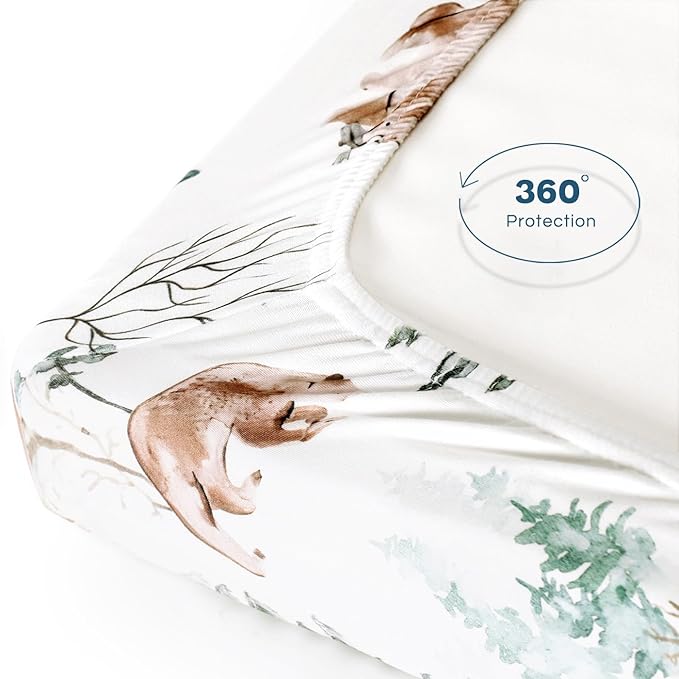 Stretchy Ultra Soft Jersey Knit Fitted Pack and Play Sheets Set 2 Pack, Portable/Mini Crib Sheets Safe and Snug Fitted for Boys and Girls, Cute Bear and Wolf Pattern