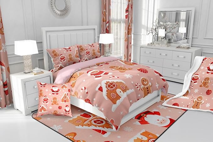 Feelyou Christmas Kids Comforter Set King Size Santa Bedding Set Gingerbread Man Duvet Quilt for Kids Boys Girls Bedroom Snowflake Decor Microfiber Ultra Soft Breathable