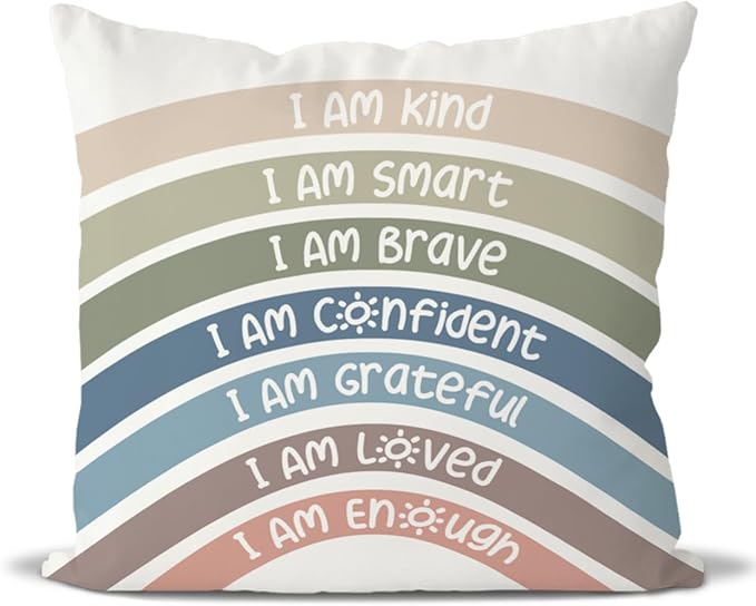 QIYUHOY Boho Rainbow Classroom Throw Pillow Covers, Book Center Calming Corner Playroom Decor Pillow Case, Reseda Pillow Cover, I Am Kind Smart Brave Confidence 24x24 Inch Pillowcase(reseda)