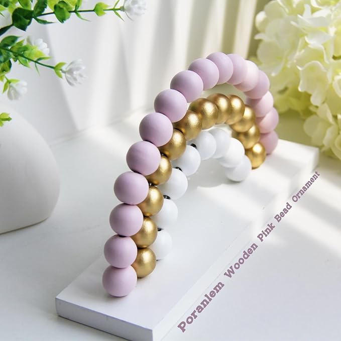 Girl Nursery Decor Rainbow Room Decoration Wooden Pink Bead Baby Gift Cute Wall Shelf Ornament Kids Playroom Boho Decorative 8.66 X 4.5 Inch Table Decor