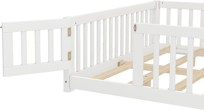 Bellemave Queen Size Floor Bed with Rails for Kids, Girls, Boys, Pine,Plywood Floor Bed with slats and Door, White