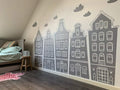 Scandinavian Houses & Clouds Decal Nursery Kids Playroom Wall Sticker Baby Amsterdam Room Decor BA765 (Grey, 100X59inches)