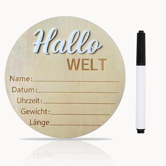 Baby Announcement Sign, 5.9 Inch Wooden Hello World Newborn Signs, "Hallo Welt" Decoration, Birth Announcement Sign, Welcome Newborn Arrival to World, Hospital Nursery for baby