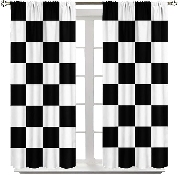 Black Checkered Curtains,70s Vintage Twisted Checkered Window Drapes Colorful Groovy Trendy Wavy Hippie Grid Print Window Treatments for Kids Boy Bedroom Living Room 63" W X 72" L