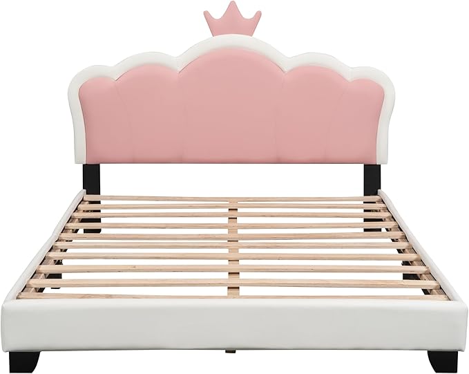Full Size Princess Bed Frame with Crown Shaped Headboard for Kids,Upholstered Platform Bed with Slats Support,Full Girls Bed,Full Bed for Girls Teens,White