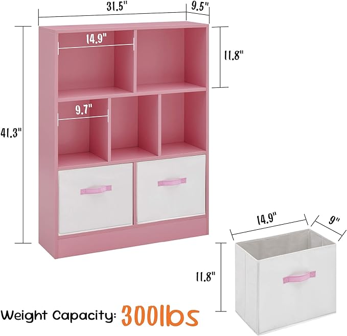 ivinta Toy Storage Organizer for Kids, 7-Cube Wooden Storage Cabinet with Collapsible Fabric Drawers for Children, 3-Tier Bookshelf for Playroom Nursery Bedroom Living Room (Pink)