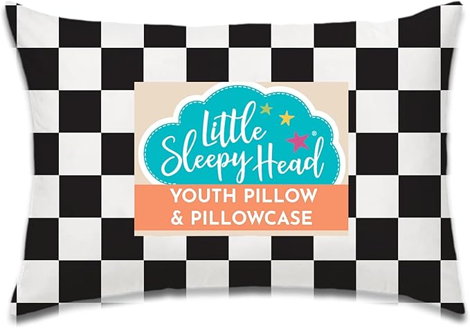 Little Sleepy Head Youth Pillow with Pillowcase 16x22, Soft Jumbo Toddler Pillows, Hypoallergenic Pillow Case - Best Kids Pillows for Sleeping, Perfect Kids Travel Pillows (Checkers Black)
