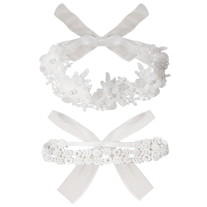 2 Pack 18-20in Elegant White Flower Christening Headbands for Baby Girl, Elastic Soft Lace with Cute Tulle Pearl Hair Strap (Double row of small lace)
