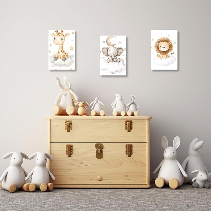 DOARTDO Nursery Animal Canvas Wall Art Baby Animal Pictures 3 Pieces Cute Elephant Lion Giraffe Print Painting Kids Room Nursery Decor Frame (24x36inchx3Pcs)