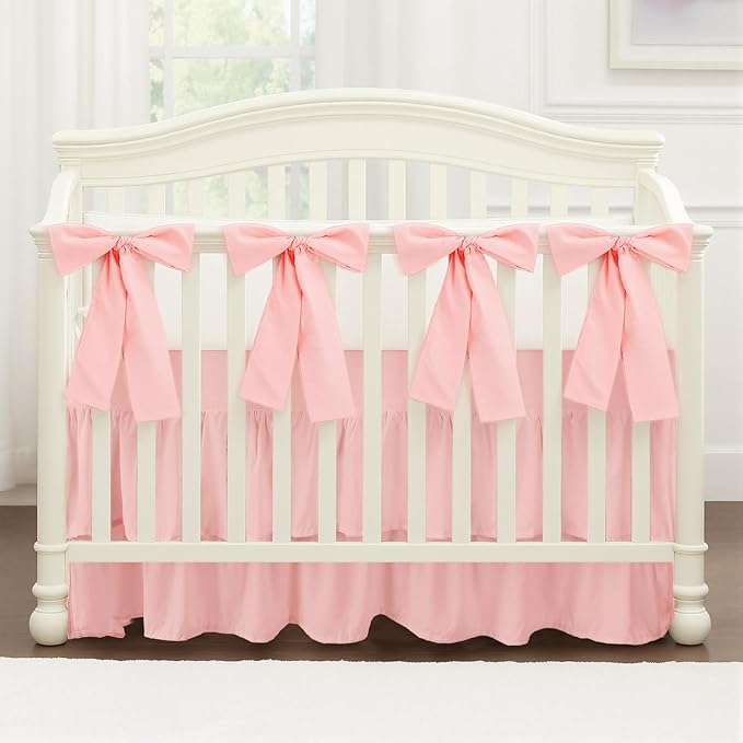 Pink Crib Bed Skirts with 4 Large Cot Bow 28" x 52" Baby Crib Skirt for Boys Girls Nursery Toddler Bed Skirt Dust Ruffle 14" Drop, Double Layer