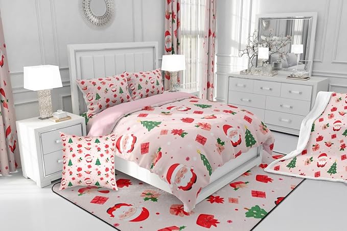 Feelyou Christmas Decor Bedding Set Soft for Boys Girls, Santa Claus Comforter Set Toddler Size Xmas Duvet Quilt Microfiber Christmas Decor Bedroom Decor 2 Pcs with 1 Pillow Cases