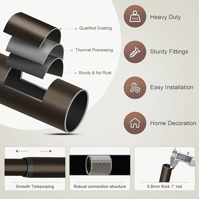Modern Brown Curtain Rods for Windows 66 to 120 Inches Adjustable Length Heavy Duty 1" Diameter Window Curtain Rod with Decorative Finials for Outdoor Farmhouse Bedroom Kitchen Living Room
